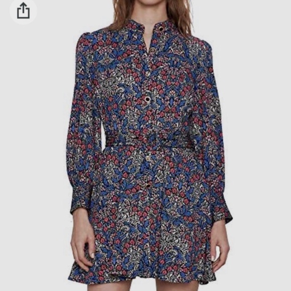 ZARA BLUE FLORAL PRINT LONG-SLEEVE BUTTON-DOWN BELTED MINI DRESS WITH POCKETS - Picture 8 of 16
